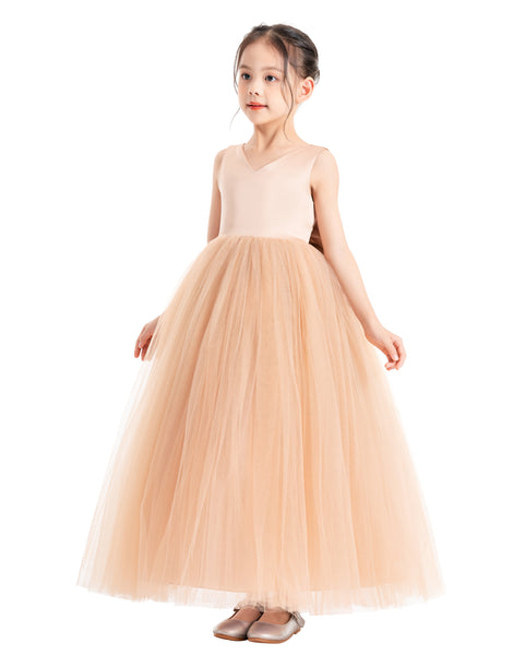 V-Neck Satin Flower Girl Dress for Special Occasions Birthday Gown Father Daughter Dance Recital 522