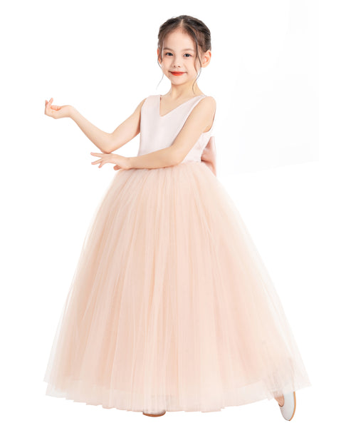V-Neck Satin Flower Girl Dress for Special Occasions Birthday Gown Father Daughter Dance Recital 522