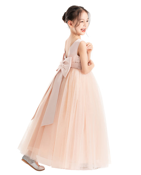 V-Neck Satin Flower Girl Dress for Special Occasions Birthday Gown Father Daughter Dance Recital 522