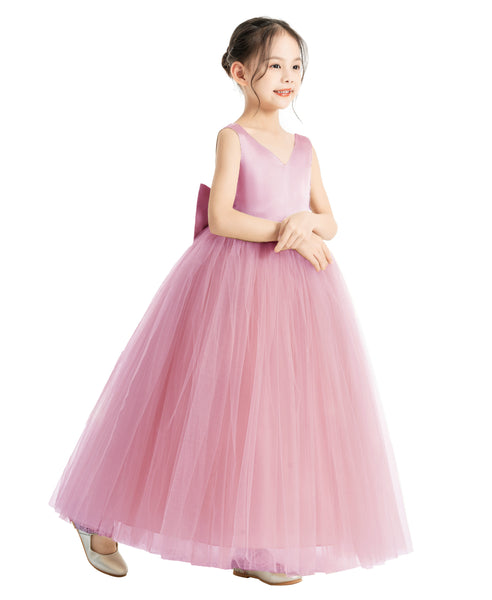 V-Neck Satin Flower Girl Dress for Special Occasions Birthday Gown Father Daughter Dance Recital 522