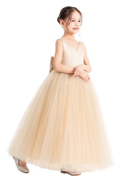 V-Neck Satin Flower Girl Dress for Special Occasions Birthday Gown Father Daughter Dance Recital 522