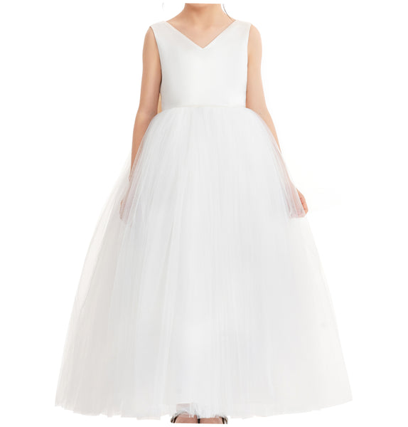 V-Neck Satin Flower Girl Dress for Special Occasions Birthday Gown Father Daughter Dance Recital 522