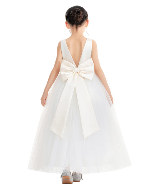 V-Neck Satin Flower Girl Dress for Special Occasions Birthday Gown Father Daughter Dance Recital 522