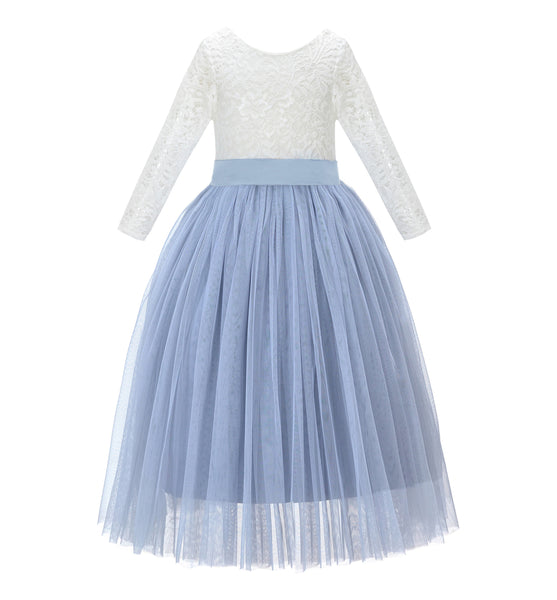 A-Line V-Back Lace Flower Girl Dresses with Sleeves Junior Pageant Wedding Junior Bridesmaid 290R