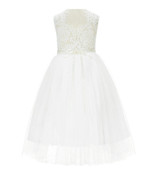 Ivory Scalloped V-Back A-Line Lace Flower Girl Dresses for Communion Church Christening Gown 207R4