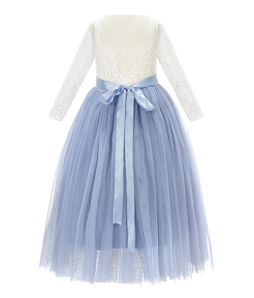 A-Line V-Back Lace Flower Girl Dresses with Sleeves Pretty Princess Gown Formal Birthday Party 290R2