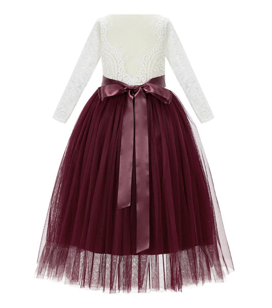 A-Line V-Back Lace Flower Girl Dresses with Sleeves Junior Pageant Wedding Junior Bridesmaid 290R