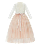 A-Line V-Back Lace Flower Girl Dresses with Sleeves Formal Novelty Photoshoot Ceremonial Gown 290R4