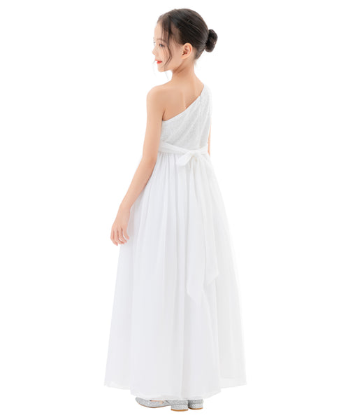 One Shoulder Sequins Chiffon Flower Girl Dress for Special Occasions Photoshoot Ceremonial Gown 328
