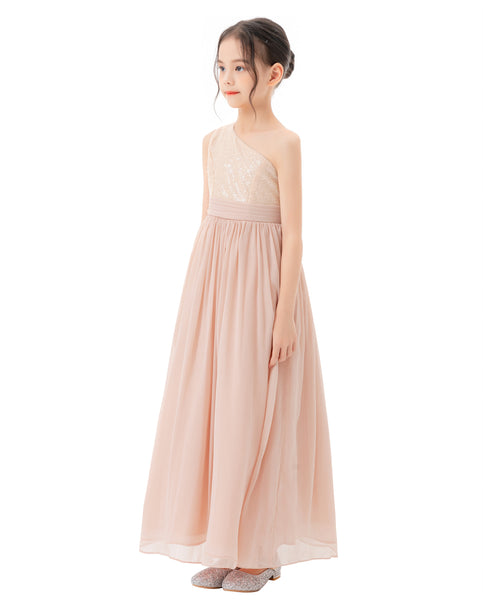 One Shoulder Sequins Chiffon Flower Girl Dress for Special Occasions Photoshoot Ceremonial Gown 328
