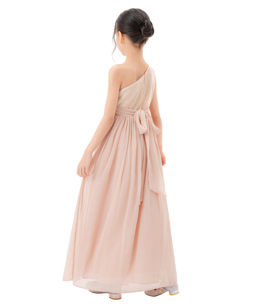 One Shoulder Sequins Chiffon Flower Girl Dress for Special Occasions Photoshoot Ceremonial Gown 328