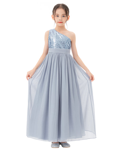 One Shoulder Sequins Chiffon Flower Girl Dress for Special Occasions Photoshoot Ceremonial Gown 328