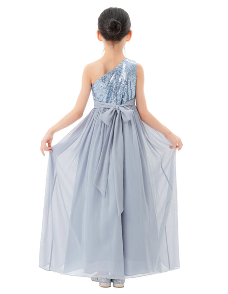 One Shoulder Sequins Chiffon Flower Girl Dress for Special Occasions Photoshoot Ceremonial Gown 328