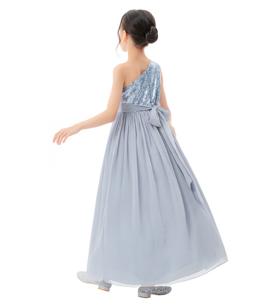 One Shoulder Sequins Chiffon Flower Girl Dress for Special Occasions Photoshoot Ceremonial Gown 328