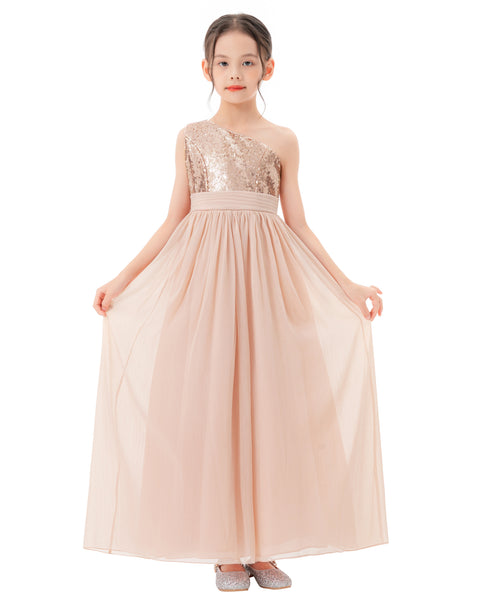One Shoulder Sequins Chiffon Flower Girl Dress for Special Occasions Photoshoot Ceremonial Gown 328