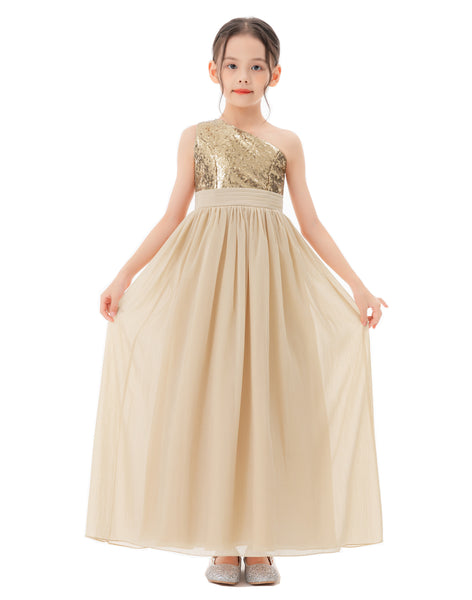 One Shoulder Sequins Chiffon Flower Girl Dress for Special Occasions Photoshoot Ceremonial Gown 328