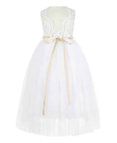 Scalloped V-Back Lace A-Line Flower Girl Dress Events Birthday Party Recital Graduation Ceremony 207R2