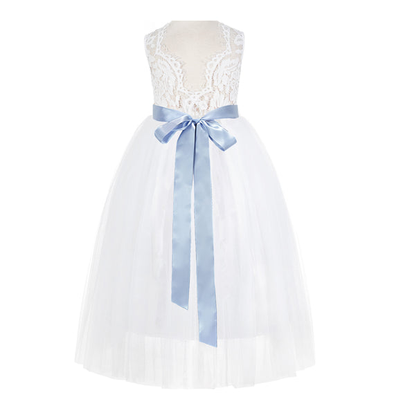 White Scalloped V-Back Lace A-Line Flower Girl Dress with Colored Sash Social Events Parties 207R3
