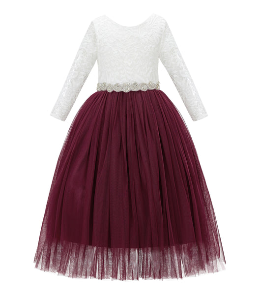 A-Line V-Back Lace Flower Girl Dresses with Sleeves Pretty Princess Gown Formal Birthday Party 290R2