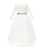 A-Line V-Back Lace Flower Girl Dresses with Sleeves Pretty Princess Gown Formal Birthday Party 290R2