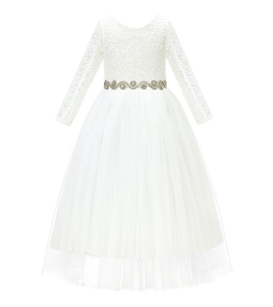 A-Line V-Back Lace Flower Girl Dresses with Sleeves Pretty Princess Gown Formal Birthday Party 290R2