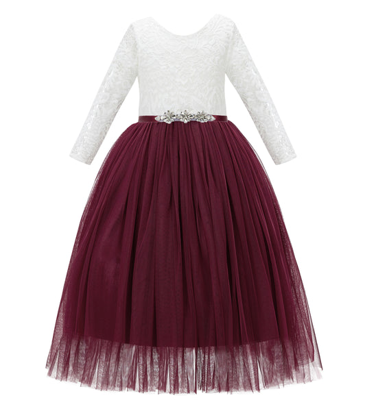 A-Line V-Back Lace Flower Girl Dresses with Sleeves Formal Novelty Photoshoot Ceremonial Gown 290R4