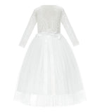 A-Line V-Back Lace Flower Girl Dresses with Sleeves Pretty Princess Gown Formal Birthday Party 290R2