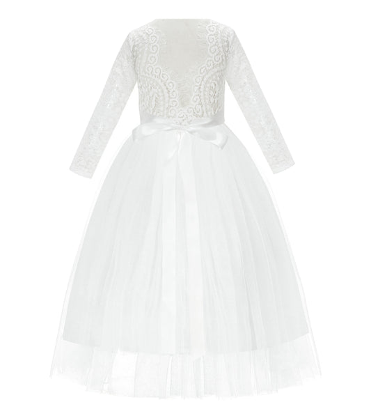 A-Line V-Back Lace Flower Girl Dresses with Sleeves Pretty Princess Gown Formal Birthday Party 290R2