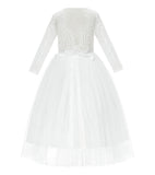 A-Line V-Back Lace Flower Girl Dresses with Sleeves Formal Novelty Photoshoot Ceremonial Gown 290R4