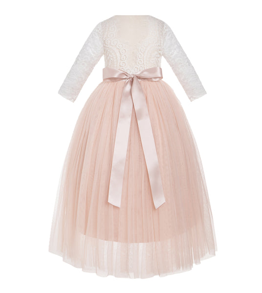 A-Line V-Back Lace Flower Girl Dresses with Sleeves Junior Pageant Wedding Junior Bridesmaid 290R