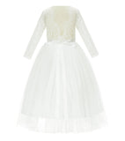 A-Line V-Back Lace Flower Girl Dresses with Sleeves Formal Novelty Photoshoot Ceremonial Gown 290R4