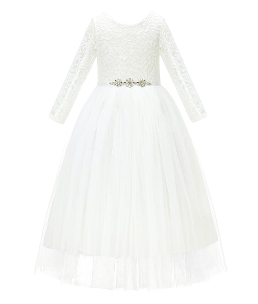 A-Line V-Back Lace Flower Girl Dresses with Sleeves Formal Novelty Photoshoot Ceremonial Gown 290R4