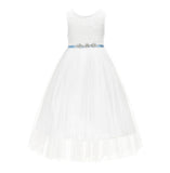 Ivory Scalloped V-Back A-Line Lace Flower Girl Dresses for Communion Church Christening Gown 207R4