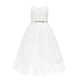 Ivory Scalloped V-Back A-Line Lace Flower Girl Dresses for Communion Church Christening Gown 207R4