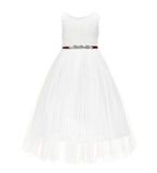 Ivory Scalloped V-Back A-Line Lace Flower Girl Dresses for Communion Church Christening Gown 207R4