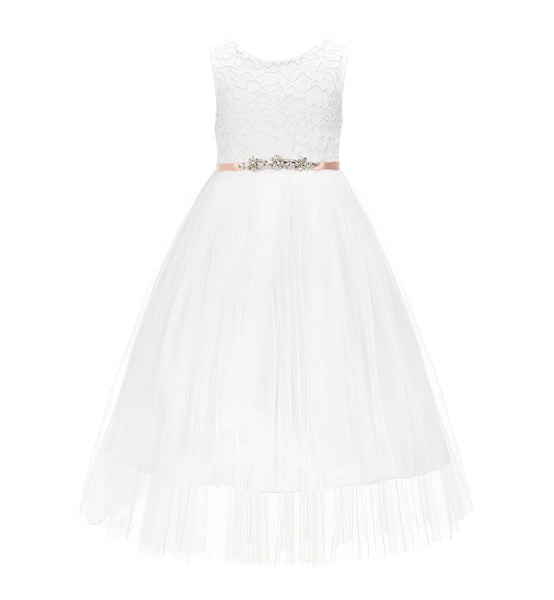 Ivory Scalloped V-Back A-Line Lace Flower Girl Dresses for Communion Church Christening Gown 207R4