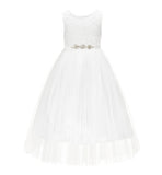 Ivory Scalloped V-Back A-Line Lace Flower Girl Dresses for Communion Church Christening Gown 207R4