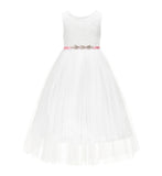 Ivory Scalloped V-Back A-Line Lace Flower Girl Dresses for Communion Church Christening Gown 207R4