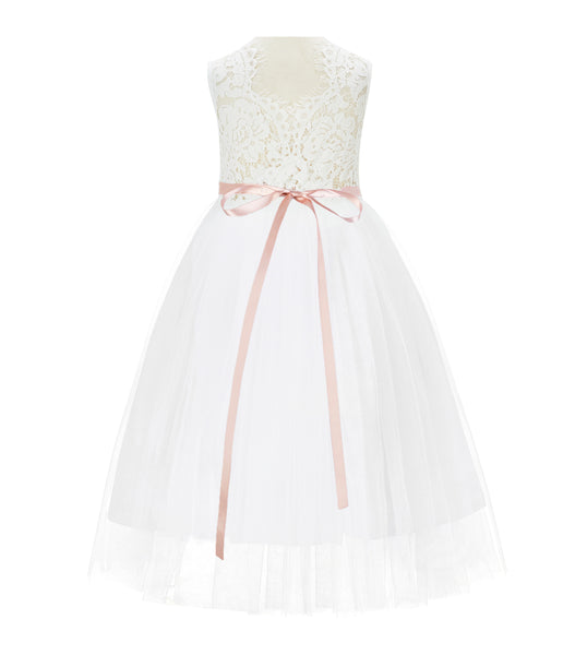 Ivory Scalloped V-Back A-Line Lace Flower Girl Dresses for Communion Church Christening Gown 207R4