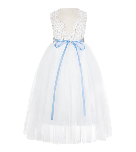 Scalloped V-Back Lace A-Line Flower Girl Dress Events Birthday Party Recital Graduation Ceremony 207R2