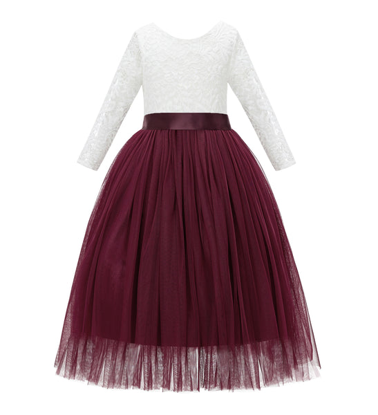 A-Line V-Back Lace Flower Girl Dresses with Sleeves Junior Pageant Wedding Junior Bridesmaid 290R