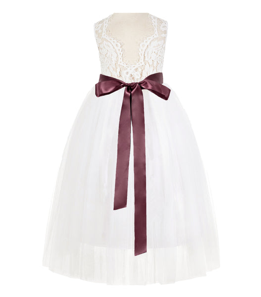 Ivory Scalloped V-Back Lace A-Line Flower Girl Dress with Colored Sash Social Events Parties 207R3