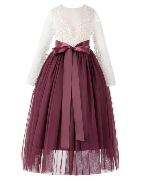 A-Line V-Back Lace Flower Girl Dresses with Sleeves Junior Pageant Wedding Junior Bridesmaid 290R