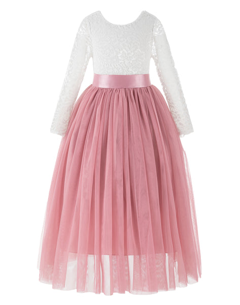 A-Line V-Back Lace Flower Girl Dresses with Sleeves Junior Pageant Wedding Junior Bridesmaid 290R