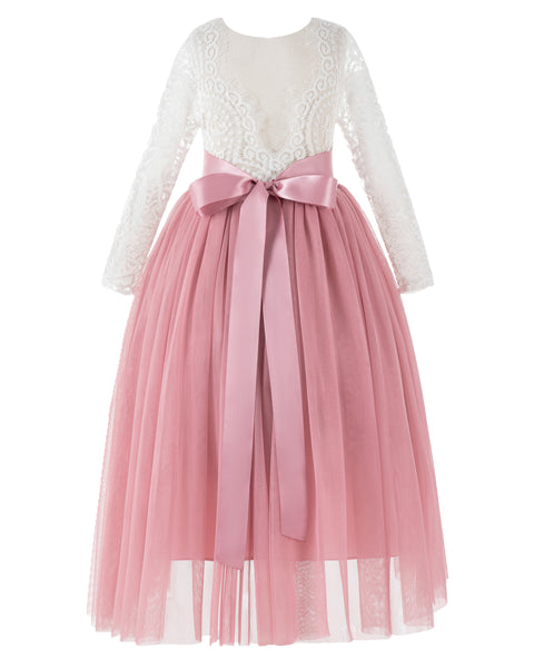 A-Line V-Back Lace Flower Girl Dresses with Sleeves Junior Pageant Wedding Junior Bridesmaid 290R