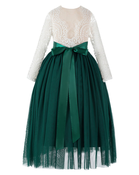 A-Line V-Back Lace Flower Girl Dresses with Sleeves Junior Pageant Wedding Junior Bridesmaid 290R