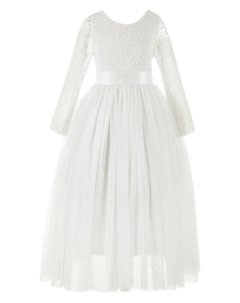 A-Line V-Back Lace Flower Girl Dresses with Sleeves Junior Pageant Wedding Junior Bridesmaid 290R