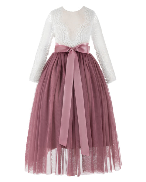 A-Line V-Back Lace Flower Girl Dresses with Sleeves Junior Pageant Wedding Junior Bridesmaid 290R