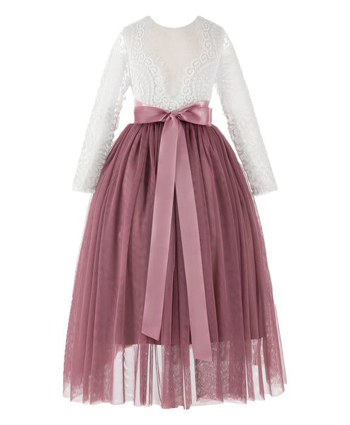 A-Line V-Back Lace Flower Girl Dress with Sleeves Formal Junior Princess Gown Special Occasion 290R3