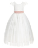 Ivory Cap Sleeves V-Back Lace Flower Girl Dress Special Occasions Junior Bridesmaid Gown 622T(1)